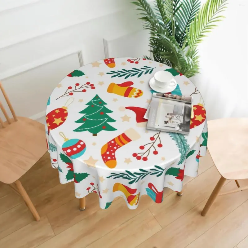 Table Cloth Colorful Festival Gifts With Pine Tree Round Tablecloth Waterproof Christmas Trees And Santa Hat Decorative Tableclo