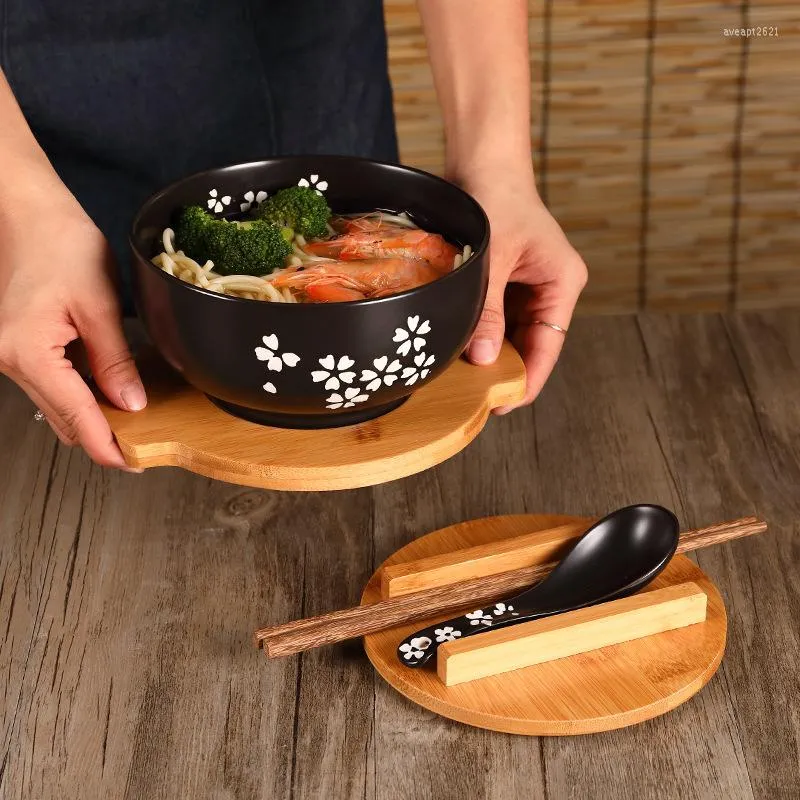 Zestawy naczyń obiadowych Czarna ceramiczna nodowlana miska z okładką Instant Noodle Korean Style Rice Rice Student Canteen Restaurant