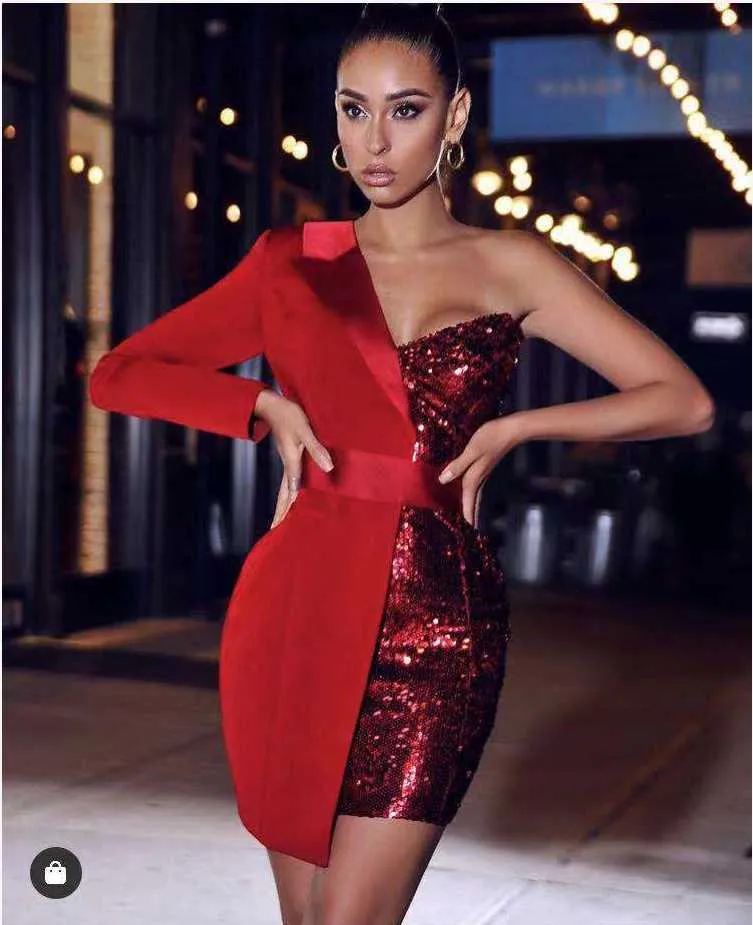 Party Dresses High Quality Red Silver Night One Sleeved Glitter Sequin Crepe Tuxedo Blazer Dress Girl Fashion Gown WearParty