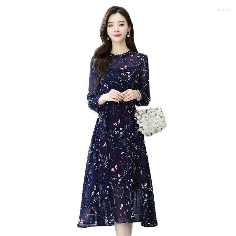 Casual Dresses Autumn Gentle Wind French Niche Floral Chiffon Dress Womens Round Neck Waist Covering Meat Long Sleeve Temperament Skir