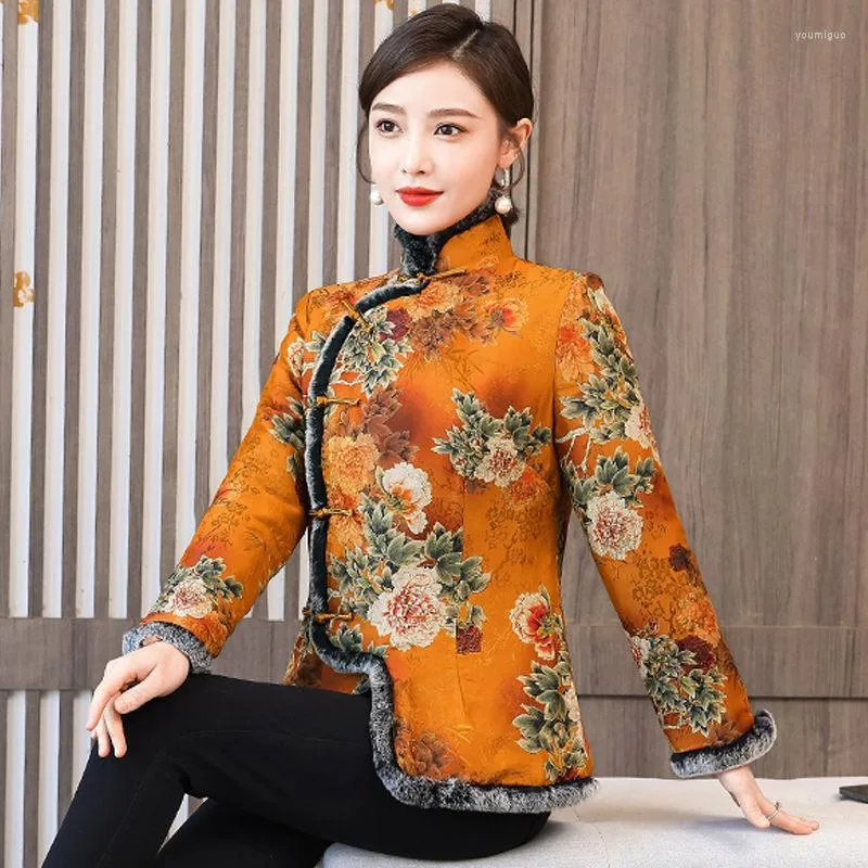 Damskie okopy płaszcze jesień i zima chińska kurtka 2023 Modna retro bawełniany płaszcz Women Tang zagęszczony nadruk cheongsam