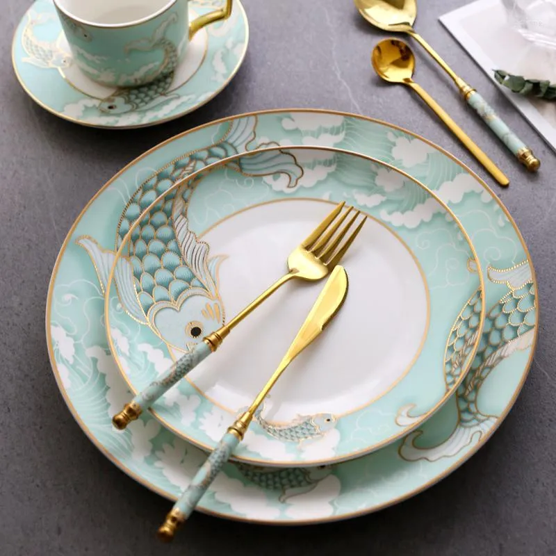 Plates 10.5 Ceramic Dinner Plate European-style Light Luxury Round Golden Stroke Tableware Western Kitchen Utensils