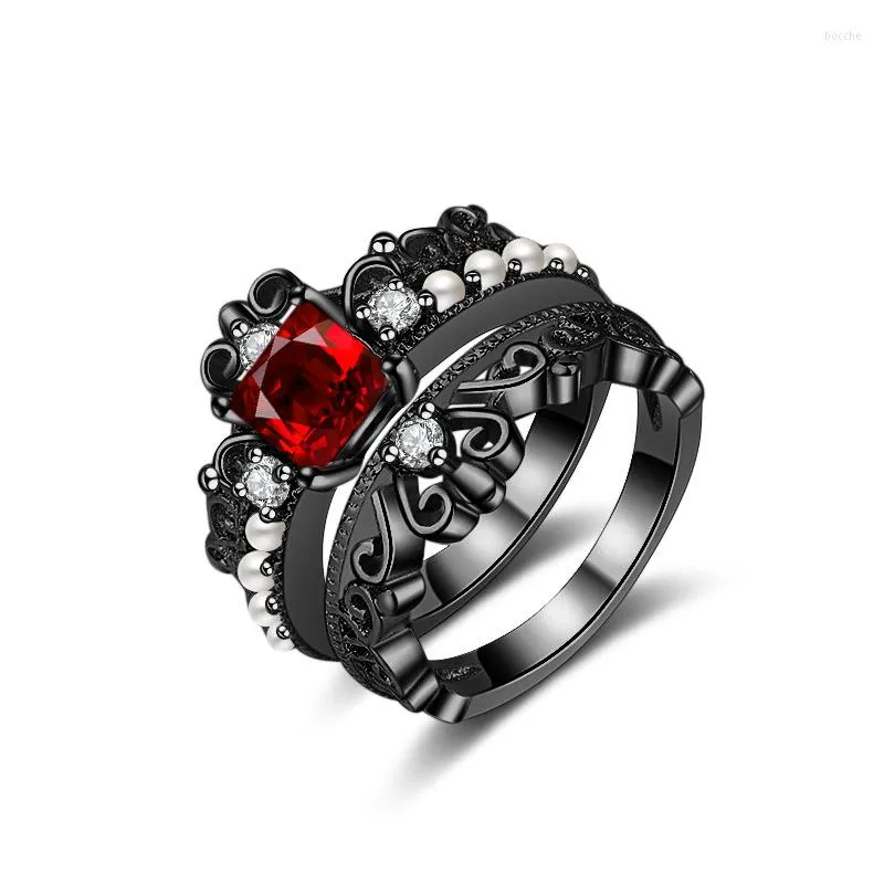 Hochzeit Ringe X-Jue Mode Luxus Gefüllte Perle Für Frauen Engagement Schwarz Gold Farbe Rot CZ Zirkon Sets Krone schmuck