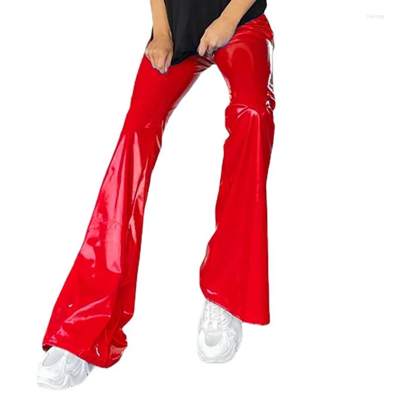Kvinnors byxor hög midja läderbyxor kvinnor andas stretch casual pu flare kvinnlig svart blå röd höst