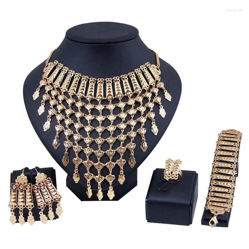 Necklace Earrings Set Luxury Dubai Jewelry Metal Tassels Pendant For Women Gold Color Long Strip Ring Bracelet