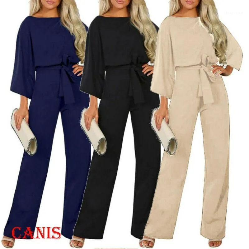 Kvinnors jumpsuits Rompers 2023 Est Boho Womens Solid Bandage Long Playsuits Ladies Spring Autumn Off Shoulder Elegant Jumpsuit Plus Size