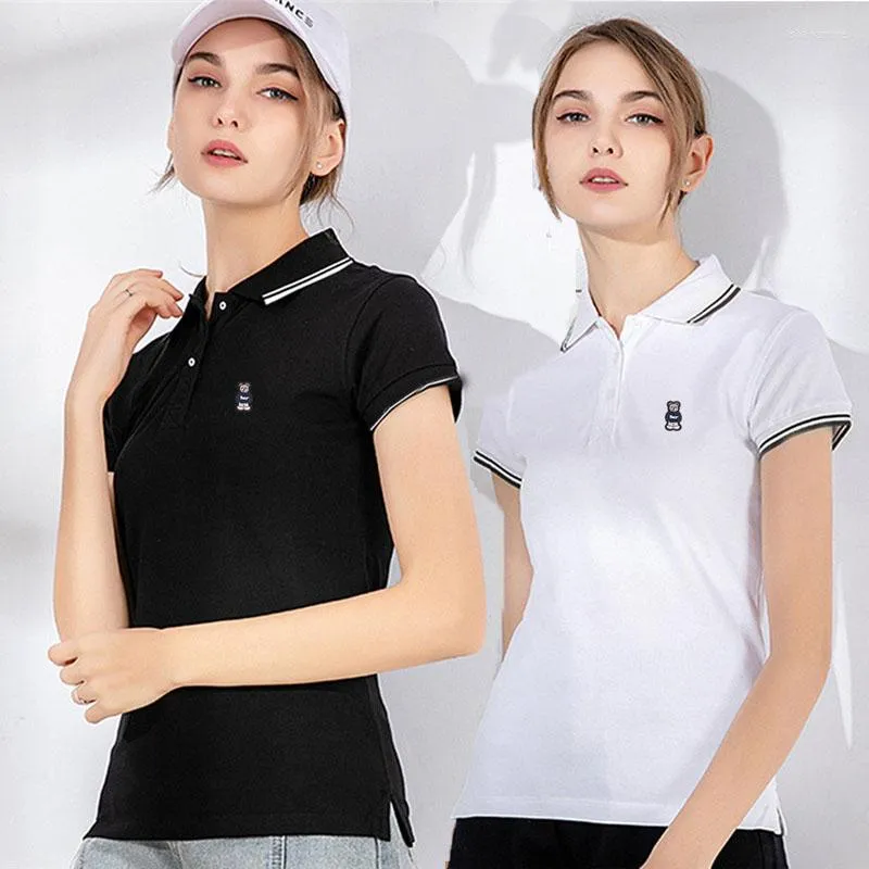 Frauen Polos Sommer Frauen Stickerei Hemd Casual Damen Kurzarm Baumwolle T-Shirt Polo Femme Schwarz Dame Tops T