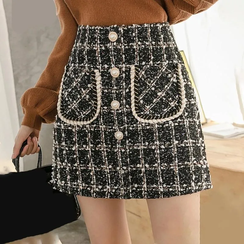 Skirts Tweed Women Autumn Winter Button Mini Pencil Plaid Wool Korean High Waist Elegant Skirt Lady