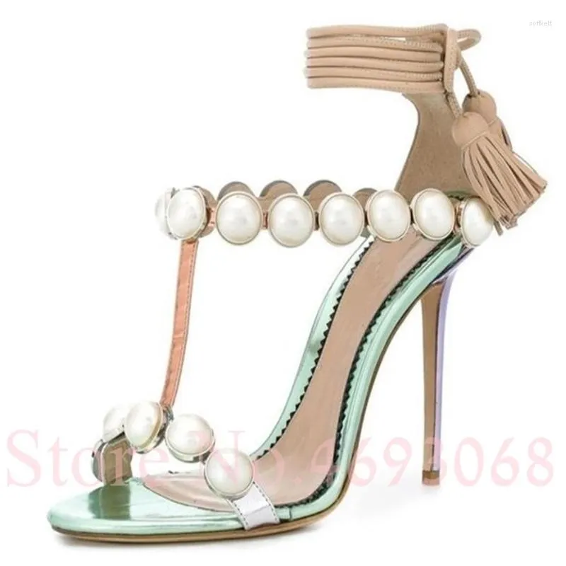 Sandaler Pearl Beads Fringe Tassel Roman Summer Ankle Strap High Heels Kvinna T öppna tå damskor Gladiator Pumps