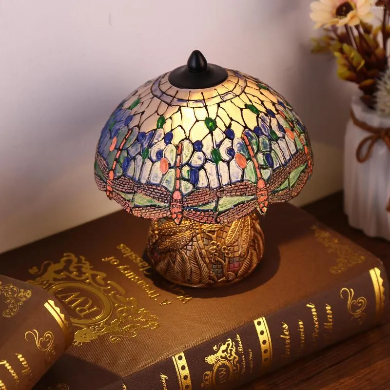 Table Lamps Dragonfly Style Lamp Antique Luxurious Boho Resin Desk Light Floral Vintage Bedside Night Lights Room Decor
