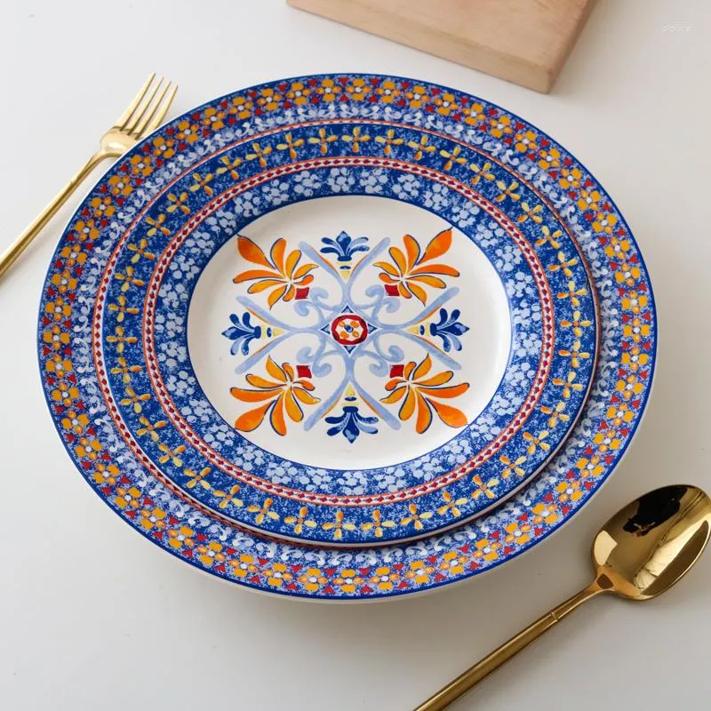 Plates Ceramic Bohemian Print Orange And Blue Florets Exotic Style Big Plate