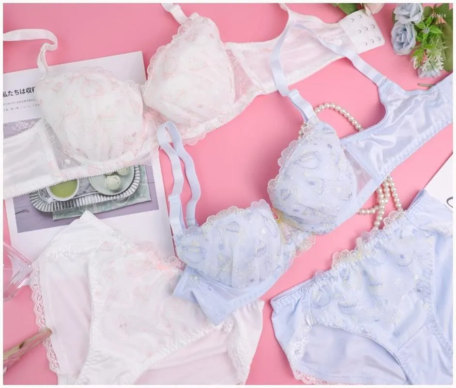 Kawaii Lingerie Set: Lace Embroidered Push Up Bra And Matching Bra And  Panties In White And Blue Korean Style 2023 Collection From Ipinkie, $19.6