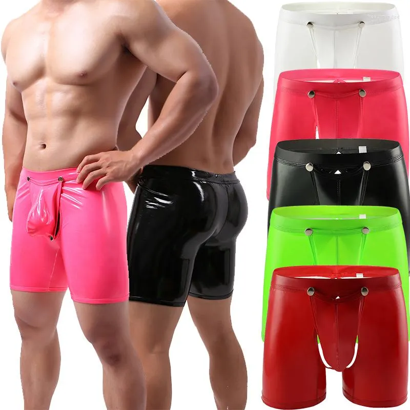 Sous-vêtements pour hommes Boxers Briefs Open Crotch PU Leather Lingerie U Convex Pouch Black Patent Shorts