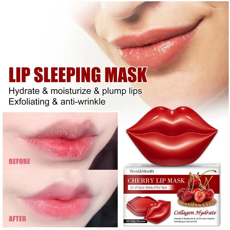 Lip Gloss 20Pcs Cherry Mask Hydrating Moisturizing Anti-drying Anti-Ageing Wrinkle Lightening Lines Patches Plumping Lips Care