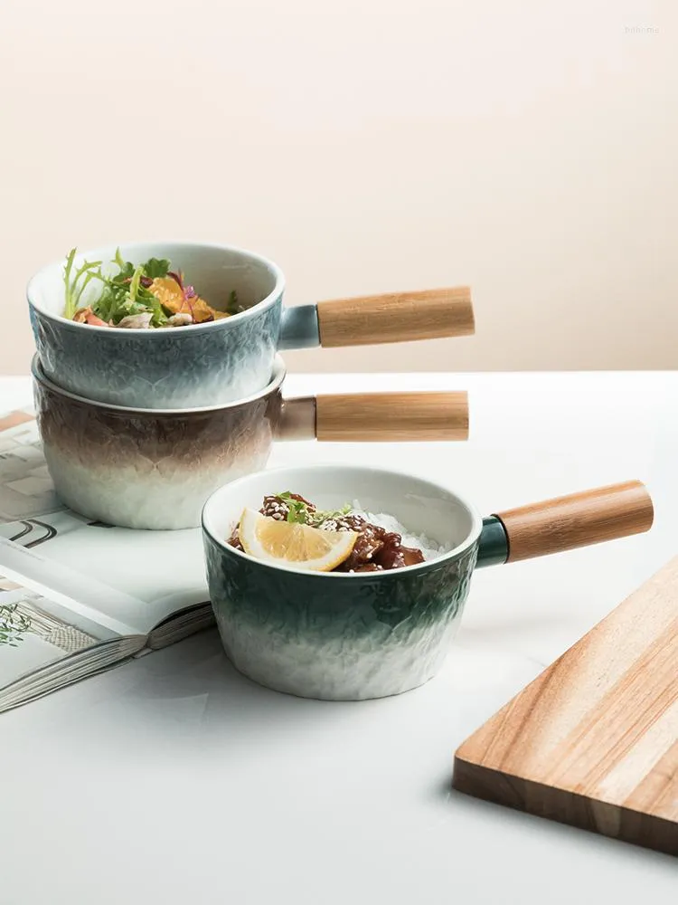 Bols japonais bol à salade de fruits en céramique avec poignées en bois ménage créatif dégradé pierre Texture vaisselle petite soupe