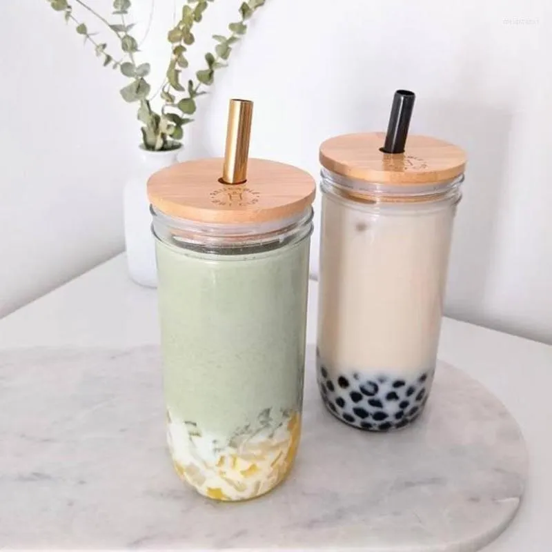 Wine Glasses Mason Jars For Drinking Cup Bubble Tea Glass With Bamboo Lid Reusable Smoothie Stainless Steel Straw Bottle