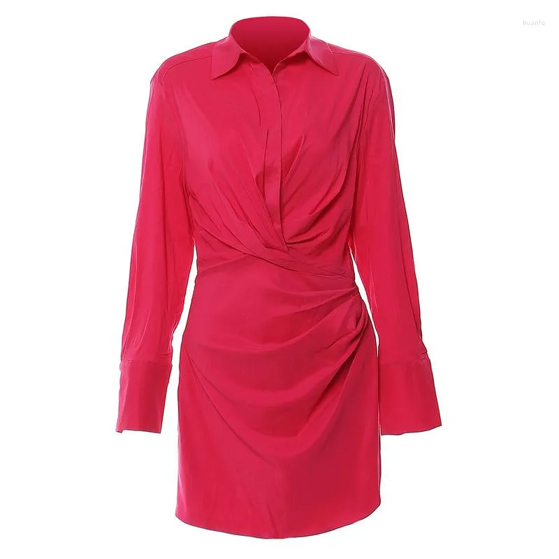 Casual Dresses Superaen 2023 Autumn and Winter Pleated Asymmetrical Shirt Dress Turn-Down Collar Solid Color Fashion