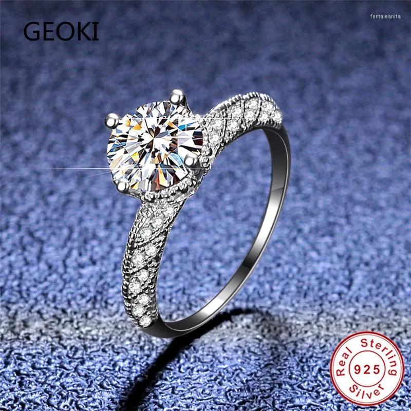 Cluster Rings Geoki Passed Diamond Test 1 Ct Perfect Cut D Color VVS1 Moissanite Wedding Ring 925 Sterling Silver Shine Round Stone Gift