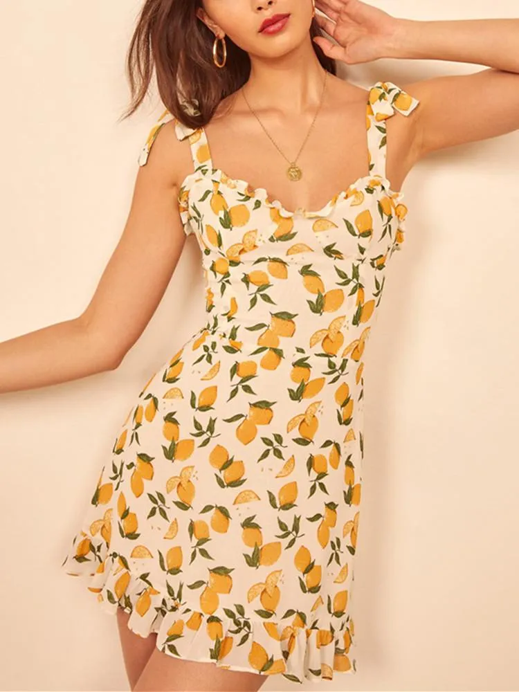 Casual Dresses Lemon Floral Print Women's Mini Dress 2023 Spring Summer Lace-up Sling Pleated Slim Sleeve Ruffles Trim With ZipperCasual
