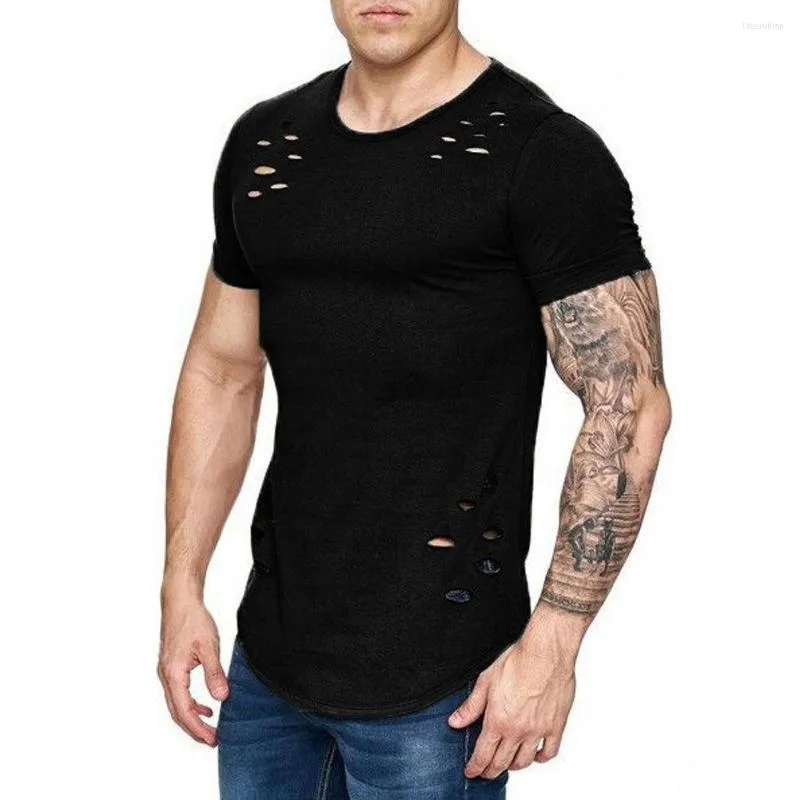 Men's T Shirts Brand Ripped Irregular Hem Top Summer Sportswear Short Sleeve Slim Fit Muscle Shirt Tee