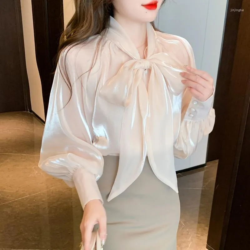 Women's Blouses Korean Style Shirt Female Big Bow Tie Blouse Retro Lantern Long-Sleeved Elegant Women 2023 Spring Pink Organza Tops