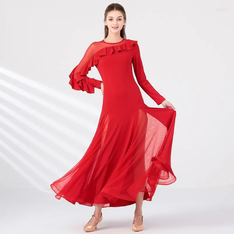 Vêtements de scène été robe de danse de salon pour les femmes Sexy irrégulière à manches longues valse latine Foxtrot Tango pratique Costume MY873