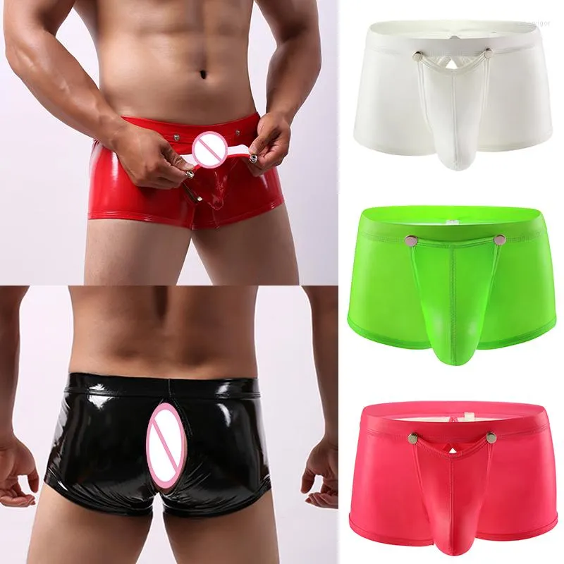 Underbyxor sexiga herrar pu läder boxer shorts avtagbar stor påse tillbaka öppen mode gay manlig erotisk utbuktning jockstrap underkläder