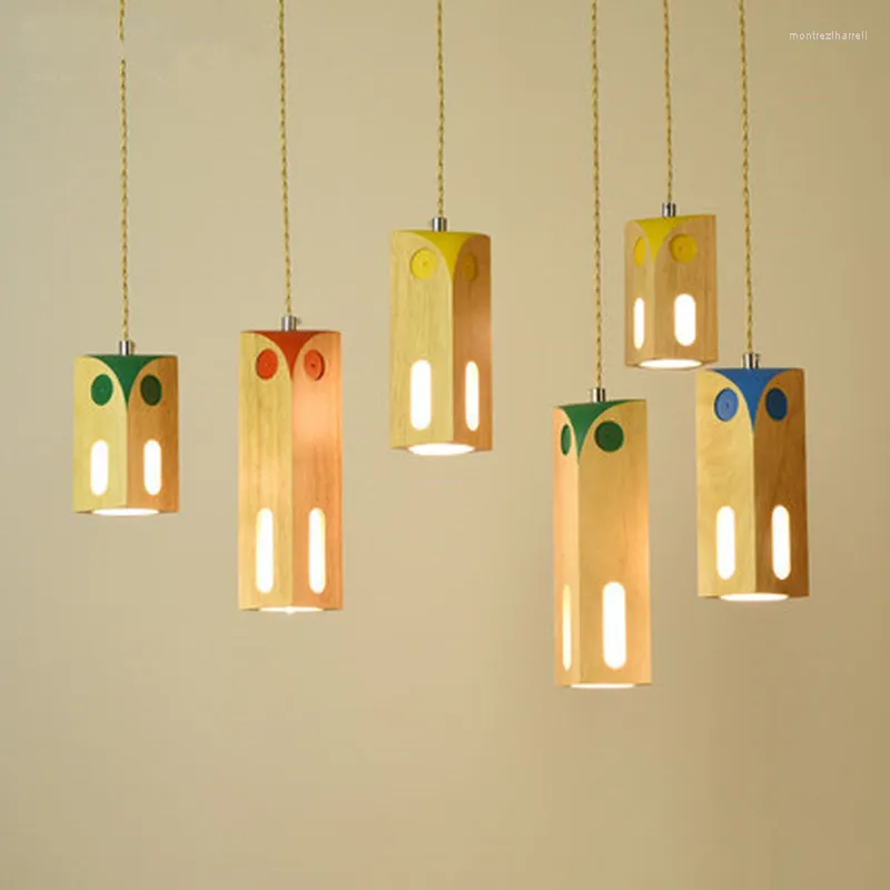 Pendant Lamps Wooden LED Lights For Dining Room Colorful Children HangLamp Wood Lampshade Suspension Lighting Bulbs Free