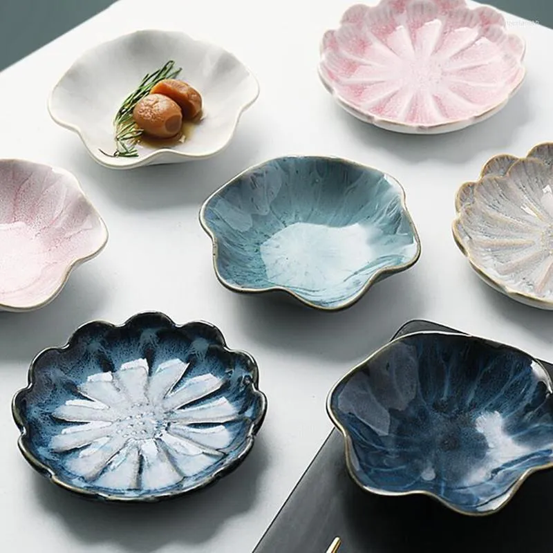 Plates 8 Colours Japanese Korea Kiln Variable Lotus Leaf Dish Vinegar Pot Barbecue Flavor Ceramic Sweets 1pc