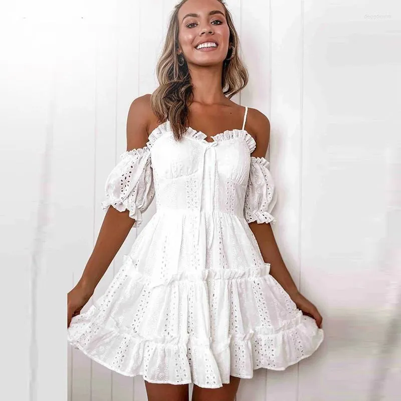 Abiti da festa Abito da donna Boho Cinturino pettorale Pieghettato Fiore di pizzo sexy Scava fuori Abito estivo Mini Big Swing Vestidos