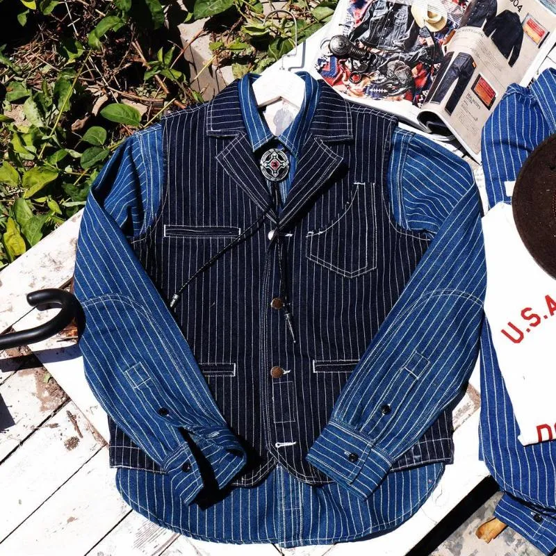 Débardeurs pour hommes Vintage L Cubain American-Style Collar Heavy Striped Denim Frock Vest Safari Jacket