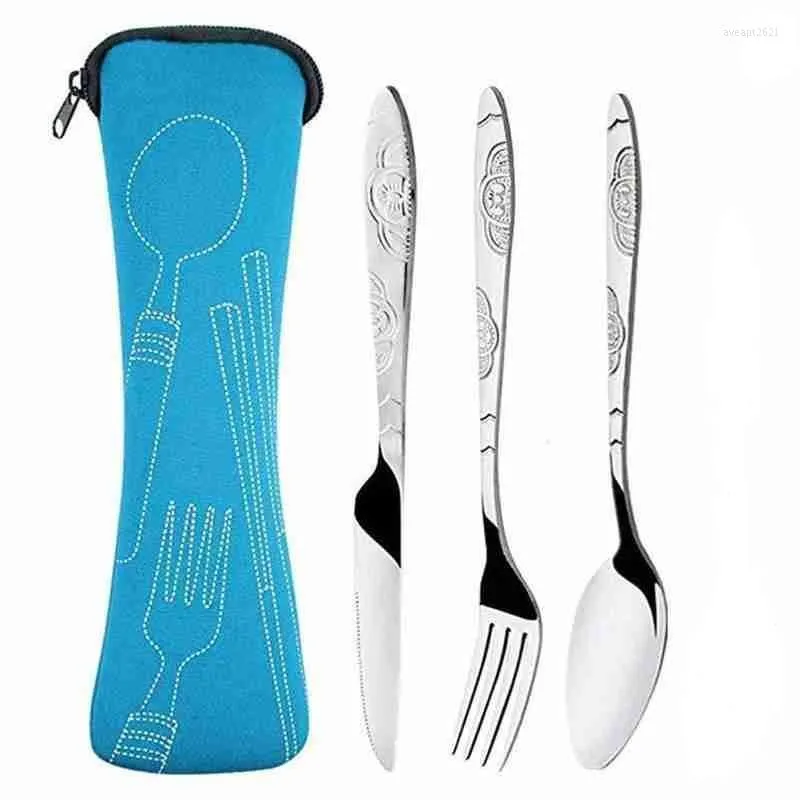 Dinnerware Sets 3PCS Stainless Steel Cutlery Set Portable Spoon Fork Knife Travel Picnic Western Tool Kitchen Accessories For Home Outdoors