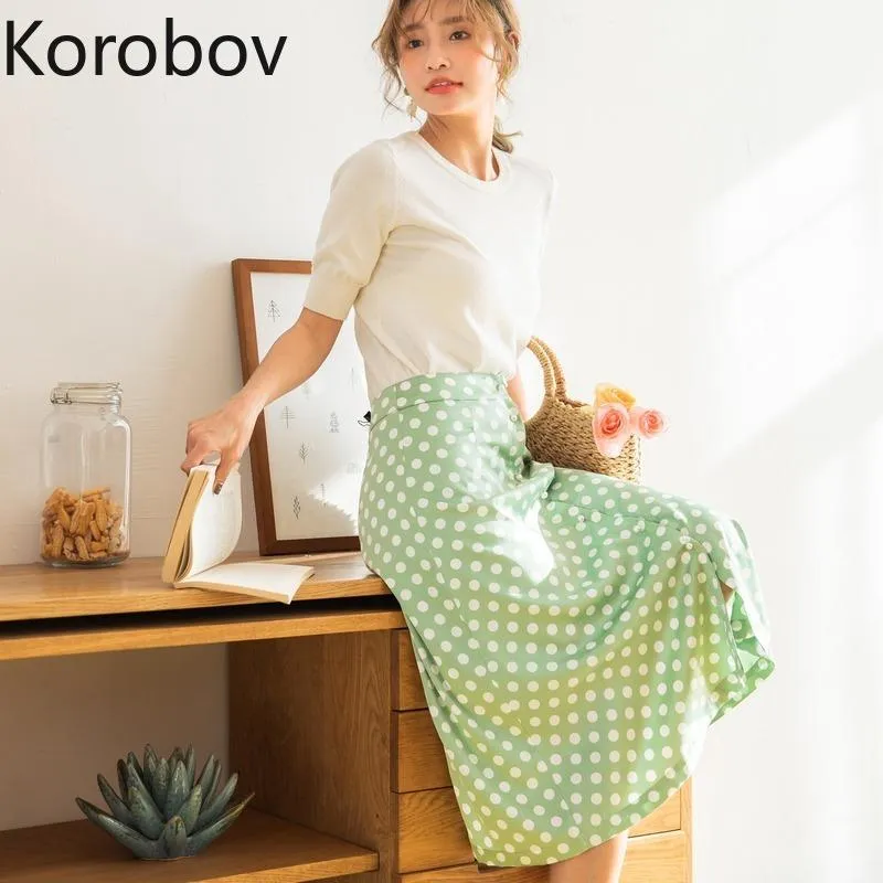 Jupes Korobov coréen taille haute hanche Dot imprimer une ligne Jupe femmes été 2023 vacances plage Style rétro Jupe Femme vert Faldas