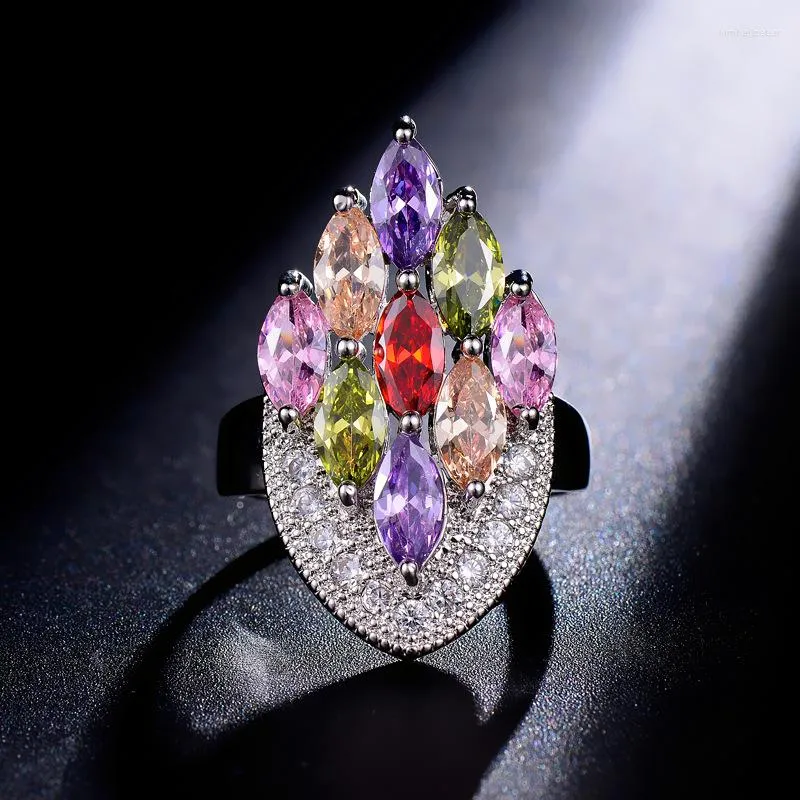 Anéis de casamento Anel empilhável Mujeres Anilos Jóias de luxo colorido Marquise CZ Engajamento de banda pavimentada Cubic zirconia berloque