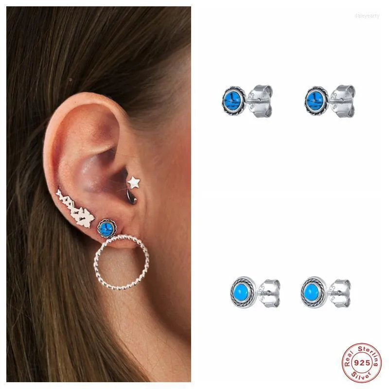 Kolczyki stadninowe 925 Sterling Srebrny okrągły niebieski turkus dla kobiet Tiny Retro Ear Studs przebijanie Ohrringe Luksusowy Fine JewelStud Dale22