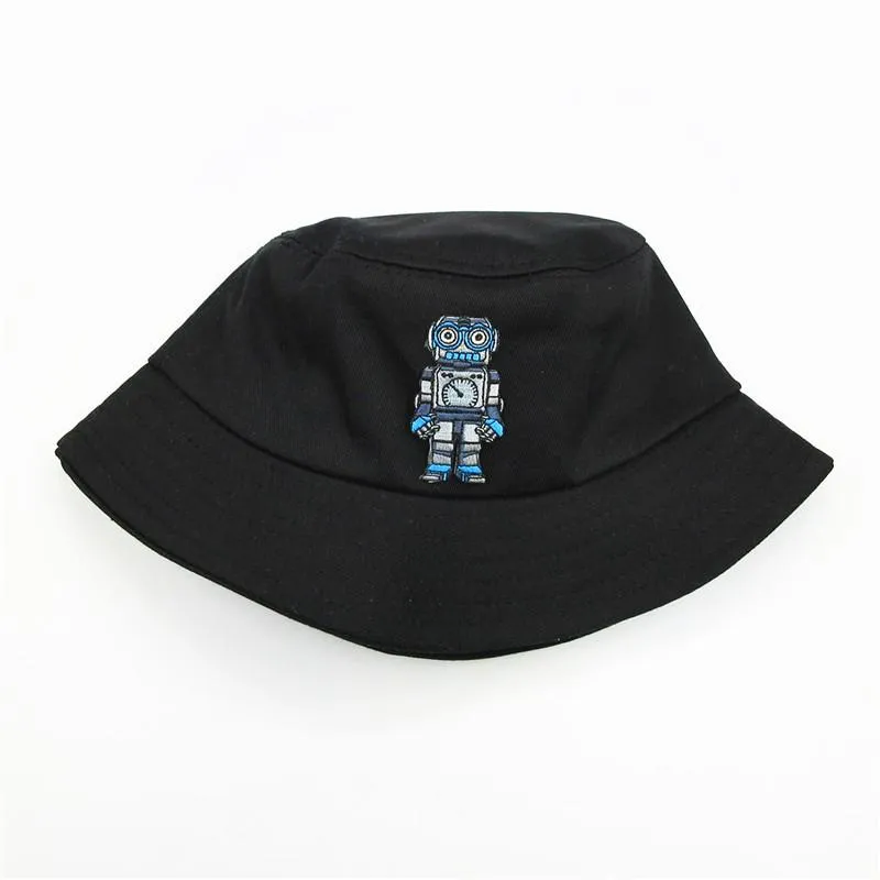 Berets 2023 Cartoon Robot Haftery Bawełniane wiadra Hat Fisherman Outdoor Travel Cap Hats dla mężczyzn i kobiet 369