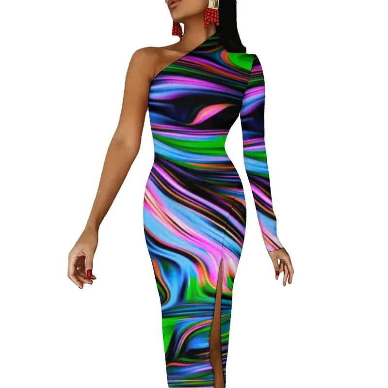 Sıradan Elbiseler Neon Boya Swirl Maksi Elbise Uzun Kollu Renkli Sıvı Baskı Estetik Bodycon Sonbahar Tarafı Bölünmüş Vintage Vintage Destidocasual