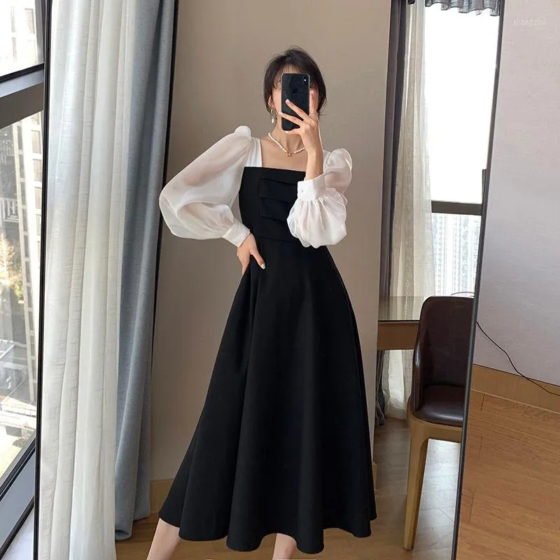 Casual jurken Puff Sleeve jurk Lange Vintage Vrouw Evening Sexy Elegant Party Square Neck Koreaans 2023 Kleding Zwart