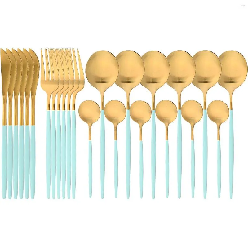 Geschirrsets 24 -pcs Mint Grüne Gold Besteck aus Edelstahl Tischgeschirrmesser Fork Löffel Luxus -Flatelung Spülmaschine Safe Safe