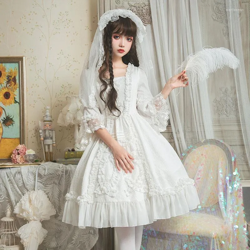 Party Dresses Lady Teen Girls Vintage OP Lolita Wedding Bridal Dress White Lace Cotton Chiffon With 1/2 Sleeves Square Collar For Women