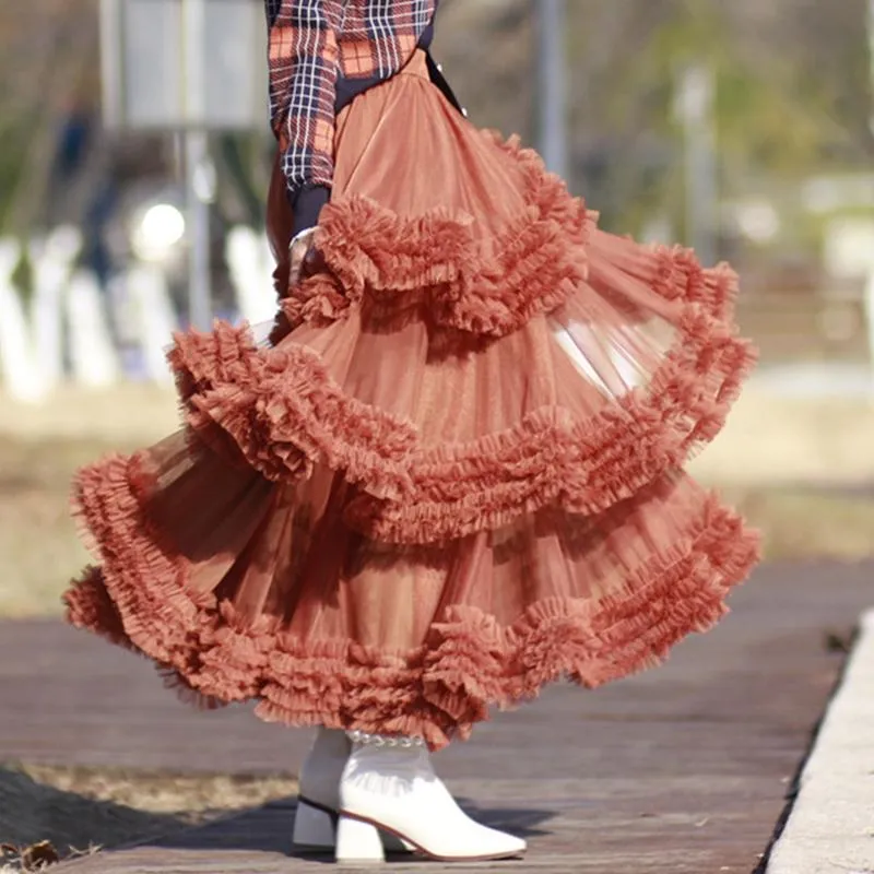 Skirts Harajuku Cute Women Pleated Long Cake Skirt 2023 Fairy Princess PInk Layers Ruffles Mesh Ball Gown SkirtSkirts