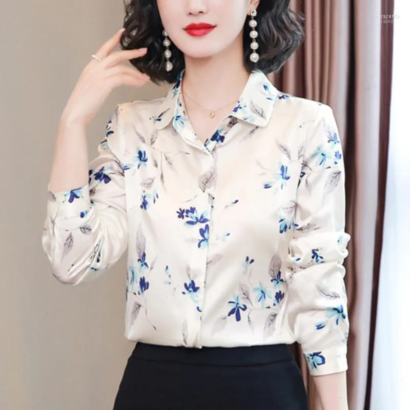 Femmes Blouses Chemises Soie Femmes À Manches Longues Chemise Satin Impression Blouse Floral Top Mode Vêtements Femme 2023 OL Bouton Up Hora22