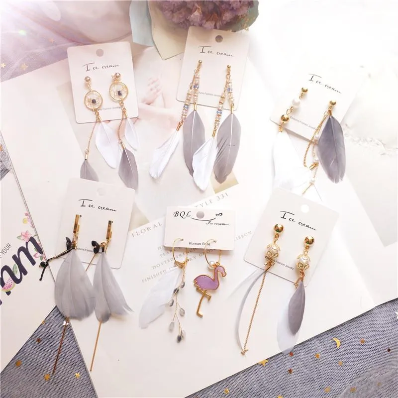 Dangle Earrings Spring And Summer Original Fairy Sweet Feather Crystal Chain Japanese Korean Temperament Exotic Wholesale & Chandelier