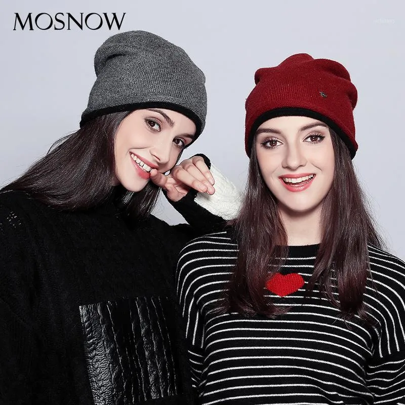 Gorros grisões/caveira tampa Mosnow lã Chapéus de inverno para mulheres elegantes camadas duplas de malha de malha grossa 2023 chapéu feminino #mz724