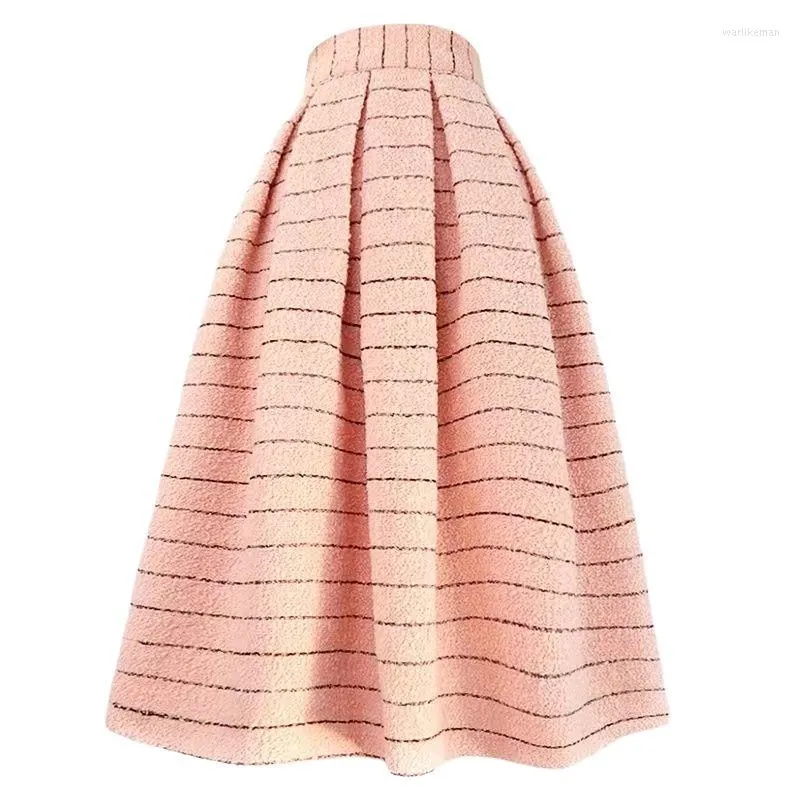 Skirts 2023 Autumn Winter Hepburn Vintage Elegant Women Black Stripes High Waist Pink Long Tweed Skirt Basic OL Office Lady Work Wear