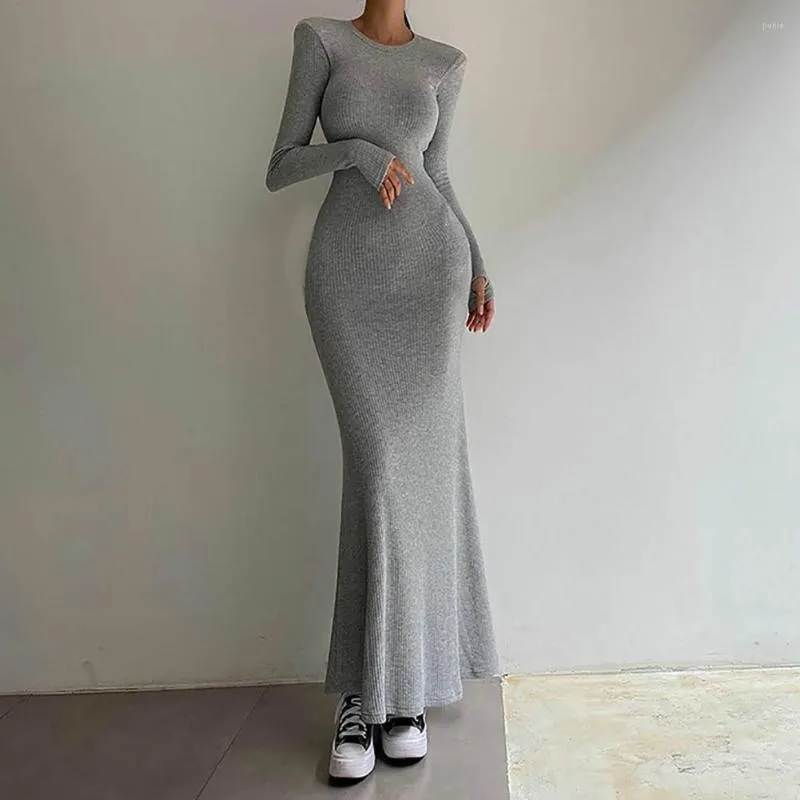 Casual klänningar tröja klänning o-hals långa ärmar höft wrap fishtail hem stickning höst vinter kvinnor elegant solid bodycon maxi