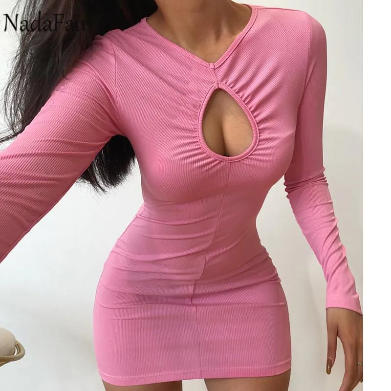 Vestidos casuais nadafair sexy oco para Bodycon mini vestido rosa ribbe milha mulher mulher mulher sólida manga longa outono partido clube noite