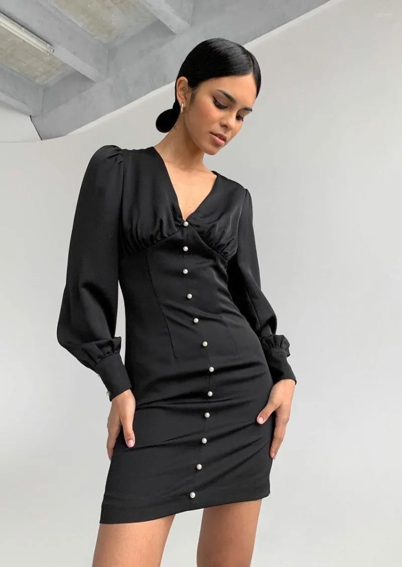 Casual Dresses Women Vintage Front Button Sheath Mini Dress Lantern Sleeve Sexig Deep V Neck Solid Elegant 2023 Autumn