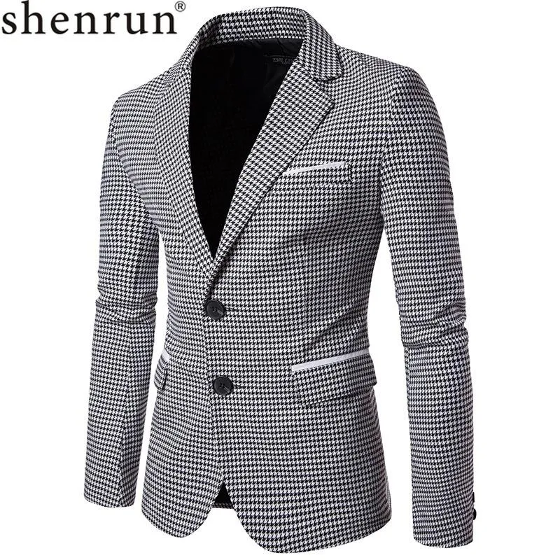Mäns kostymer blazrar Shenrun Men Fashion Houndstooth Jacket Casual Blazer Notch Lapel Single Breasted 2 Buttons Suit Jackets Business Party