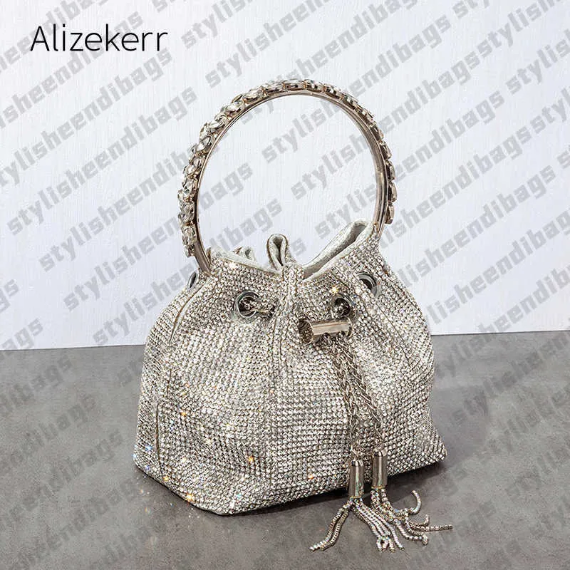 Luxury Designer Crystal Evening Clutch Bag with Metal Ring Handle